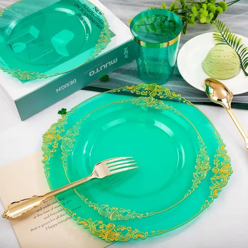 Miniatura 6 de Hioasis 350 platos de plástico verde y dorado, platos de fiesta verdes para 50 invitados, incluyen 100 platos resistentes