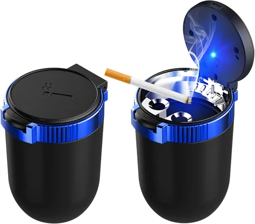 Miniatura 11 de Ohleats Cenicero de coche con tapa, cenicero desmontable de acero inoxidable con luz LED azul, cenicero portátil mini para vehículo, portavasos