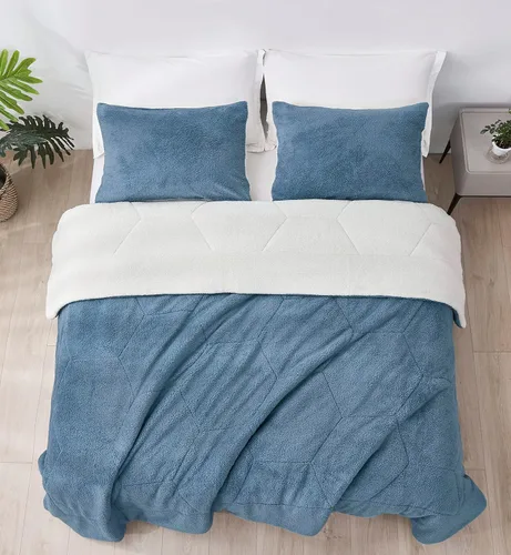 Miniatura 4 de Chezmoi Collection Wynne - Juego de edredón sherpa de panal de 3 piezas, ropa de cama reversible de doble cara, tamaño matrimonial, color azul