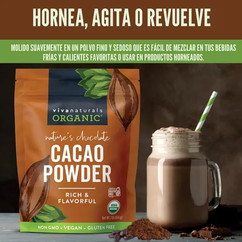 Miniatura 6 de Viva Naturals Cacao en polvo orgánico, 1 libra, cacao en polvo sin azúcar con rico sabor a chocolate negro, perfecto para hornear y batidos, sin