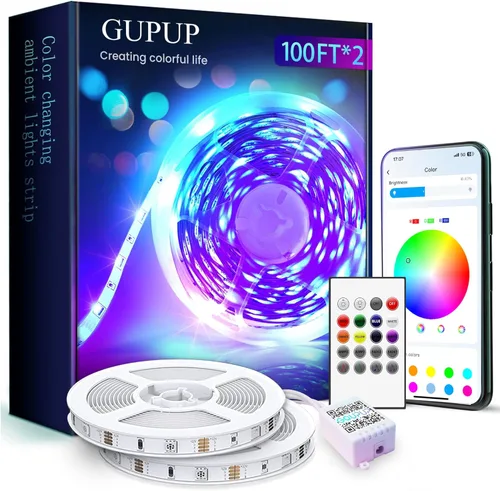 Miniatura 8 de GUPUP Tira de luces LED de 100 Pies, luces LED para dormitorio de 100 pies, cuerda de luz RGB para habitación, control de APP Bluetooth, tira que
