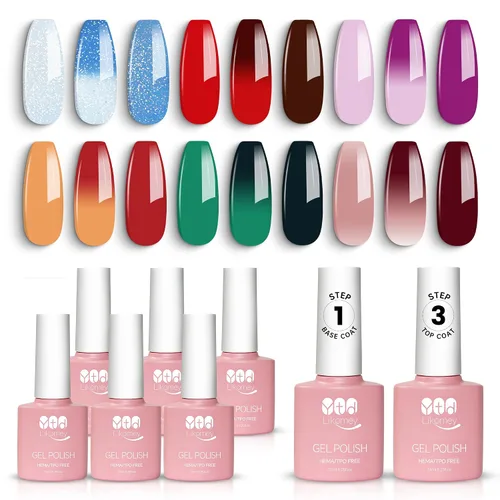 YTD Likomey Esmalte de uñas de gel que cambia de color, 6 colores con kit de capa base y capa superior, otoño e invierno, cambio de estado de ánimo,