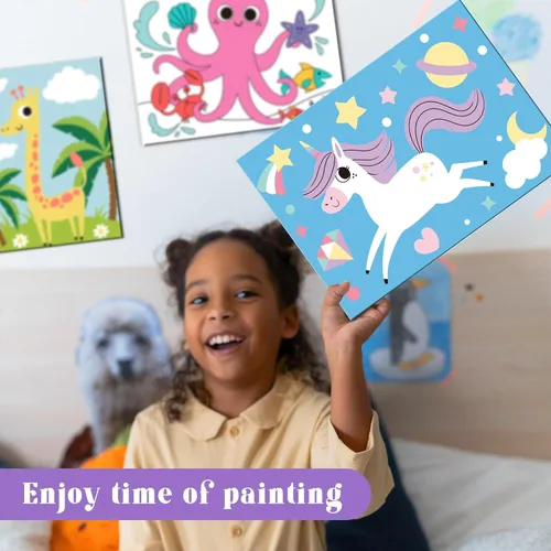 Miniatura 5 de goldentime Juego de 8 lienzos predibujados de 5 x 7 pulgadas, pintura por números para niños, 48 pinturas, 8 pinceles, 2 caballetes, kit de pintura
