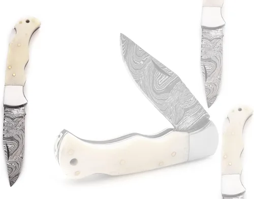 Miniatura 3 de Cuchillo de bolsillo de Damasco hecho a mano de 6.5 pulgadas para hombres, cuchillo de caza con funda para exteriores, camping, pesca, senderismo