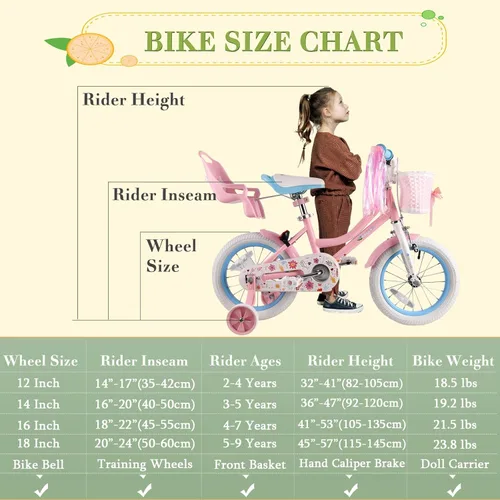 Miniatura 6 de RULLY 12 14 16 Inch Girls Bike for 2-7 Year Olds, Daisy Kids Bicycle with Training Wheels, Basket & Doll Seat, Retro Toddler Bike with Coaster