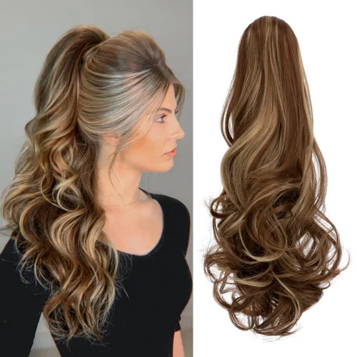 Miniatura 12 de Felendy Extensión de cola de caballo de 18 pulgadas, mezcla de rubio ceniza, marrón oscuro, rizado, ondulado, con clip, extensiones de cabello largo