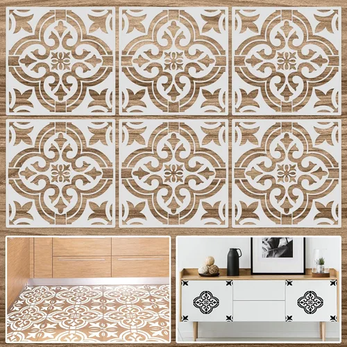Mandala - 6 plantillas de azulejos reutilizables de 12 x 12 pulgadas, plantillas de pared con patrón de azulejos, plantillas de dibujo de mandala