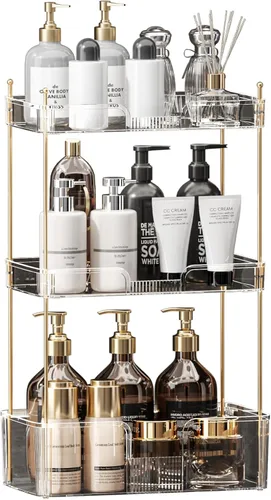 Miniatura 22 de Akinbas Organizador de baño de 3 niveles, bandeja de perfume de maquillaje, organizador de cuidado de la piel para tocador de baño (dorado)