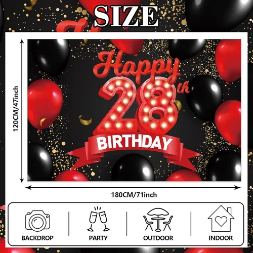 Miniatura 2 de Cartel de feliz cumpleaños 28 color rojo y negro, decoración temática de globos para niñas y mujeres, princesas de 28 años, fiesta de cumpleaños