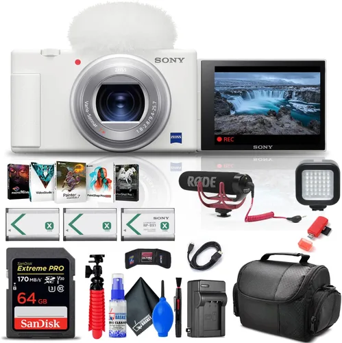 Sony Cámara digital ZV-1 (blanco) (DCZV1/W) + Pro Mic + tarjeta de memoria de 64 GB + software de foto Corel + 2 baterías NP-BX1 + lector de