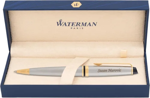 Waterman Bolígrafo Expert, acero inoxidable cepillado con borde dorado, grabado láser personalizado, tinta negra, caja de regalo oficial de WATERMAN