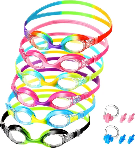 Miniatura 8 de Macarrie 6 gafas de natación para niños, sin fugas, antiniebla, para niños y niñas, con clip para la nariz, tapones para los oídos, de 3 a 14 años