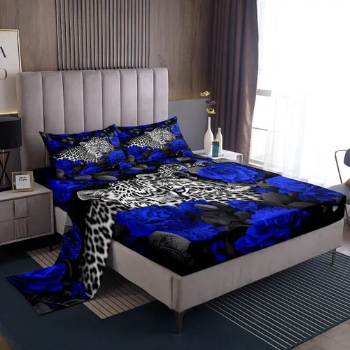 Miniatura 14 de Erosebridal Sábanas de cama de guepardo con rosa roja, juego de sábanas de bolsillo profundo con estampado de leopardo y gato, sábana bajera