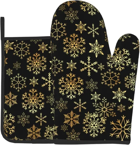 Miniatura 12 de Juego de 2 guantes de horno rojos de copos de nieve de Navidad y agarradera, adecuados para barbacoas, hornear, cocinar, microondas
