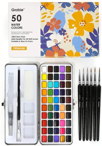 Miniatura 12 de Grabie Juego de Pintura de Acuarela Todo en Uno Premium de 50 Colores - Pincel de Pintura de Detalle Incluido, Pinturas de Acuarela, Juegos de 50
