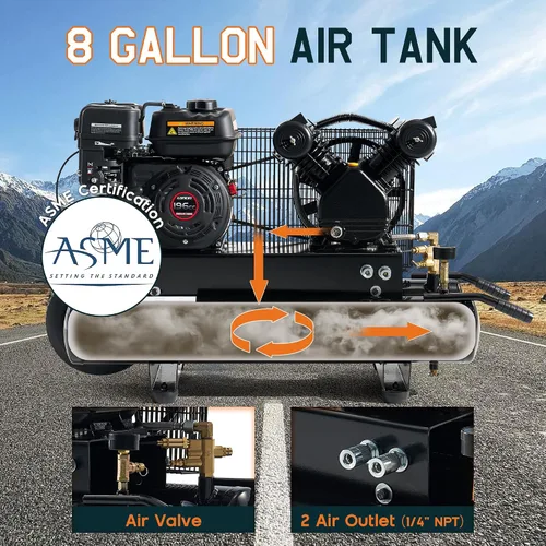 Miniatura 4 de Albott 6.5HP Gas Powered Air Compressor, 8 Gallon Portable Horizontal Tank, 196cc Loncin Engine, 10 CFM at 115 PSI, Wheeled Piston Pump for Workshop