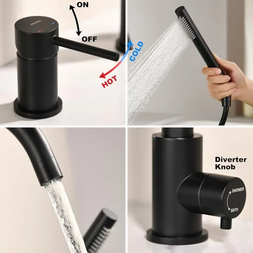 Miniatura 6 de Grifo de bañera de montaje en cubierta negro con rociador, grifos de bañera de alto flujo, grifo de baño de latón con mango montado en la ducha