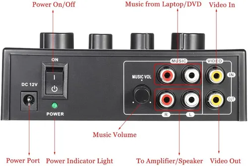 Miniatura 8 de Mezclador de sonido para karaoke con entradas duales para micrófono Mezclador de audio amplificador de auriculares Mezclador de 2 canales con cable