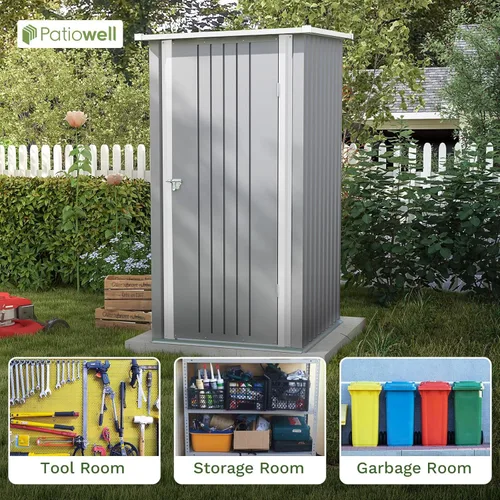 Miniatura 5 de Patiowell - Cobertizo de almacenamiento al aire libre de 3 x 3 pies, pequeño cobertizo de almacenamiento de herramientas de jardín con techo Gris