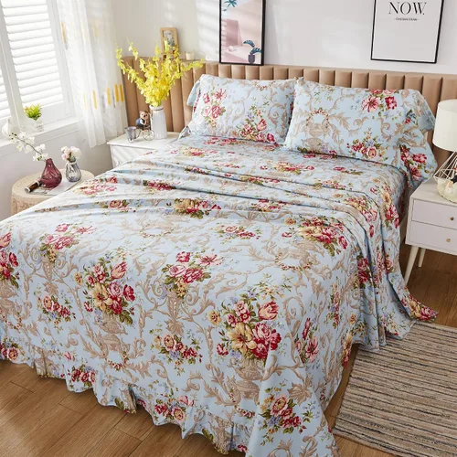 Miniatura 13 de ABREEZE Juego de sábanas con estampado floral beige, juego de ropa de cama bohemio, juego de ropa de cama de lujo de 4 piezas, medallón de damasco