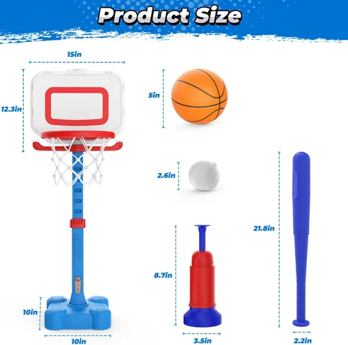Miniatura 9 de EagleStone Aro de Baloncesto y Juego de Pelota T 4 en 1 para Niños Pequeños, Aro de Baloncesto de Altura Ajustable, Juguete de Pelota T