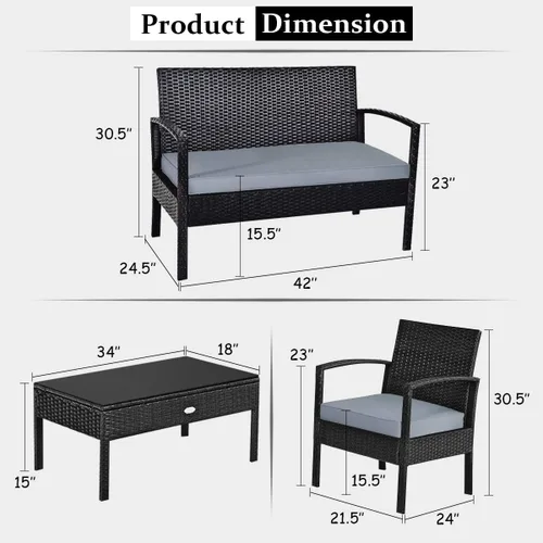 Miniatura 7 de Juego de 4 muebles de patio para exteriores, juego de sofá de mimbre con cojín gris resistente al agua y mesa de vidrio templado para patio trasero