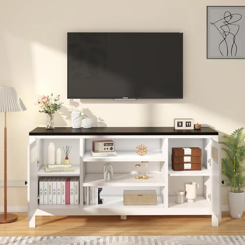 Miniatura 3 de Soporte de TV blanco con almacenamiento: centro de entretenimiento de 63 pulgadas de alto para televisores de hasta 70 pulgadas, consolas de TV