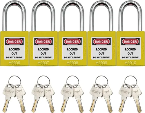 Miniatura 3 de SAFBY Loto - Candados seguros con 10 llaves para estaciones y dispositivos de bloqueo (amarillo, clave diferente)