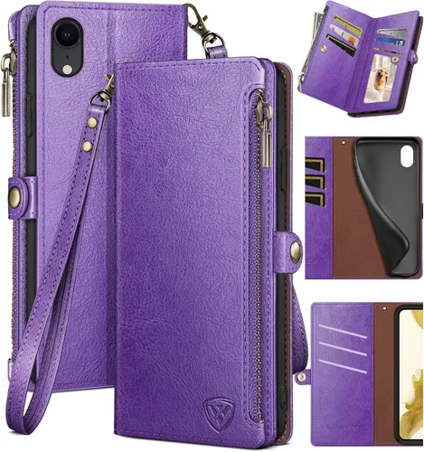 Miniatura 10 de XcaseBar Funda tipo cartera para iPhone XR de 6.1 pulgadas con bloqueo RFID, soporte para tarjetas de crédito con cremallera, funda de piel