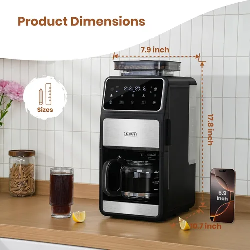 Miniatura 6 de Gevi Cafetera para moler y preparar 10 tazas con molinillo de rebabas integrado, pantalla táctil programable, mantiene el calor de 4 horas, filtro