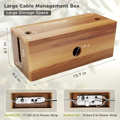 Miniatura 2 de Caja grande de madera de acacia para cables de alimentación, corrector de cable de perfil bajo para cables de piso y cables de extensión, protector