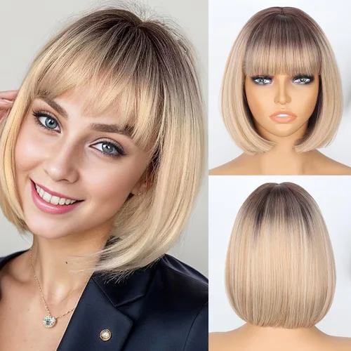 WERD - Peluca rubia corta tipo bob con flequillo, pelucas cortas de color rubio sucio para mujer, sintéticas, resistentes al calor, ombre rubio,