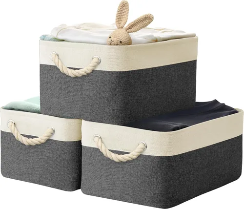 Miniatura 18 de Simple Houseware Cubos de almacenamiento de tela grandes de 13 x 13 pulgadas para armario y organizador de cubos, paquete de 3, color beige