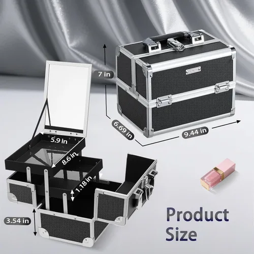 Miniatura 5 de FRENESSA Estuche organizador de maquillaje, caja de cosméticos, estuche portátil de maquillaje con espejo, 2 bandejas, caja de tocador de viaje