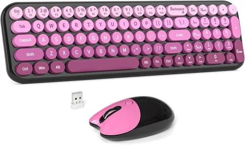 Miniatura 15 de MOWUX - Combo de teclado y mouse inalámbricos, máquina de escribir de tamaño completo, retro, redondo, lindo mouse óptico inalámbrico, Plug and Azul