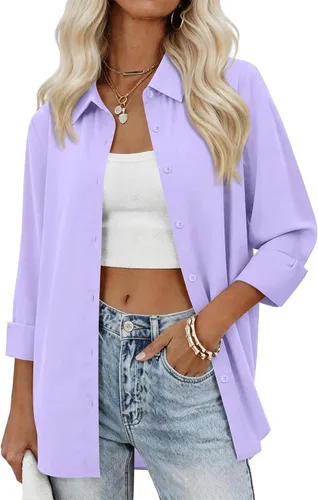 Miniatura 18 de siliteelon Camisas con botones para mujer, camisas de vestir sólidas, de manga larga, cuello fluido, para trabajo, oficina, negocios, blusas de gasa