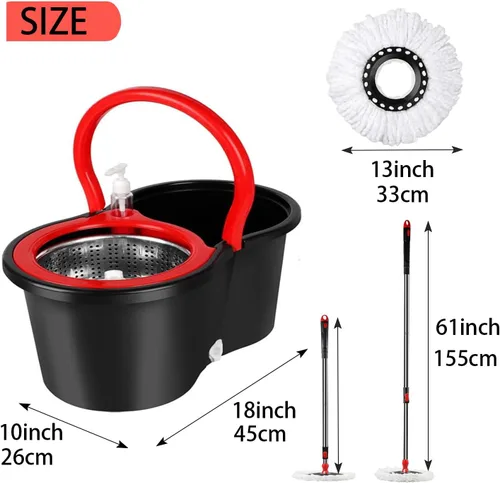 Miniatura 2 de Juego de trapeador giratorio y cubo, trapeador giratorio 360 y cubeta de acero inoxidable, sistema de limpieza de suelos, con 3 cabezales de Negro-1
