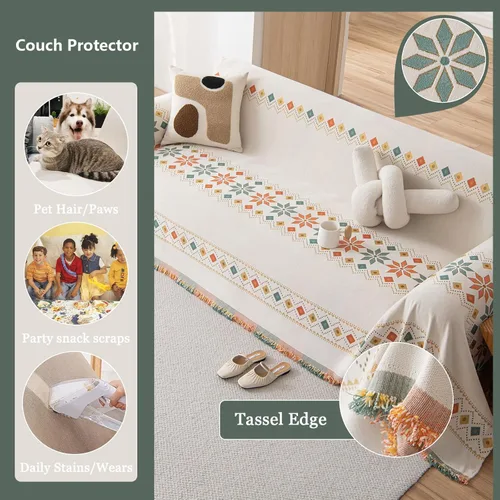 Miniatura 4 de DREAMINGO Funda de Sofá de Chenilla Beige Bohemia Geométrica Jacquard para Sofá de 3 Cojines Antideslizante Seccional Forma de L para Perros