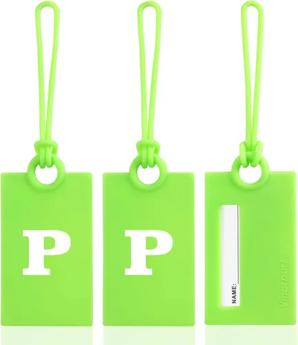 Vigorport Etiquetas iniciales de equipaje para maleta, paquete de 3 etiquetas flexibles de silicona brillante con tarjeta de identificación de