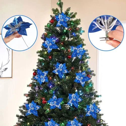 Miniatura 6 de 15 adornos de flores artificiales para árbol de Navidad, flores de Pascua artificiales, tamaño grande, 8.7 pulgadas, flor de purpurina de Navidad