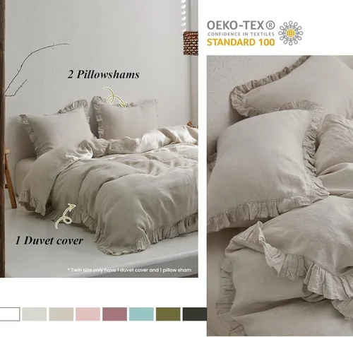 Miniatura 2 de Simple&Opulence - Juego de funda de duvet de 3 piezas tamaño queen (1 funda de duvet + 2 fundas de almohada), 100% lino francés lavado con volantes
