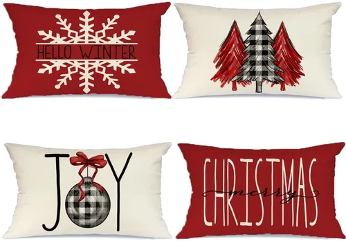 Miniatura 10 de GEEORY Juego de 4 fundas de almohada de Navidad de 18 x 18 pulgadas para decoraciones de Navidad, árbol de Navidad, alegría, nieve, Navidad feliz