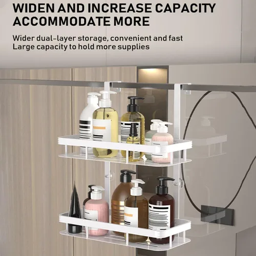 Miniatura 5 de Organizador de ducha blanco para colocar sobre la puerta, organizador de baño a prueba de óxido, estante de almacenamiento de 2 niveles, estantes