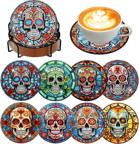 Miniatura 21 de Meothan Juego de 8 posavasos de arte de diamante para adultos con soporte, almohadillas de corcho, posavasos de arte de puntos de diamante de vidrio
