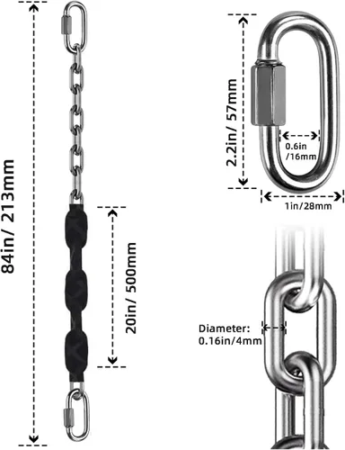 Miniatura 6 de 4 cadenas de acero inoxidable (negro de 84 pulgadas), accesorios de columpio resistentes, 4 hebillas de conexión rápida, hamacas para columpios