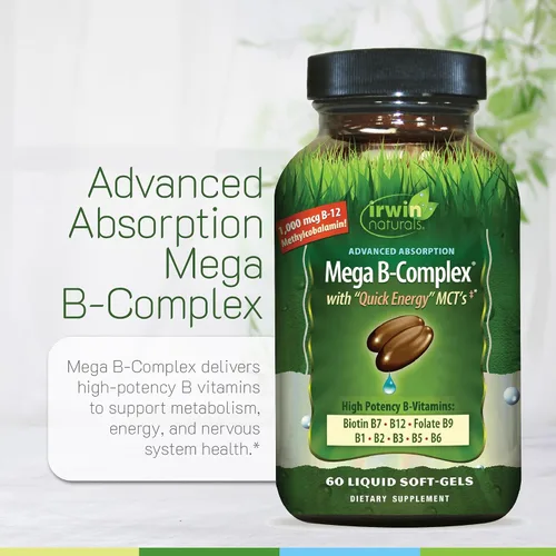 Miniatura 5 de Irwin Naturals Mega B-Complex - 60 cápsulas blandas líquidas - Complejo de vitamina B con vitamina B12, folato B9, biotina B7, B1, B2, B3, B5, B6