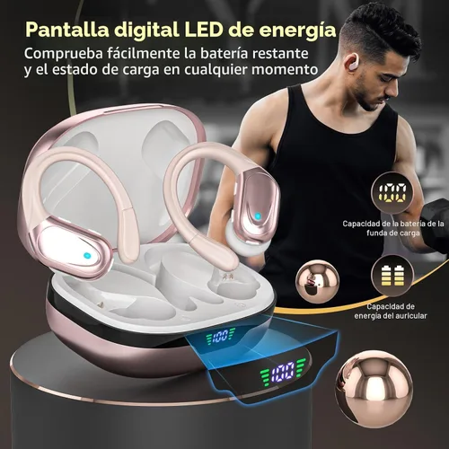 Miniatura 7 de HAOYUYAN Auriculares deportivos Bluetooth inalámbricos, 80 horas de reproducción, con pantalla de alimentación LED, IPX7 impermeables para 2026-oro