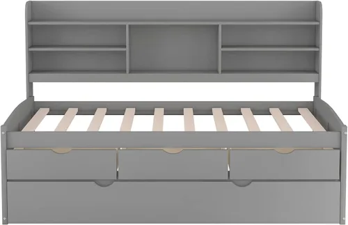 Miniatura 7 de Sofá cama versátil con 3 cajones de almacenamiento y nido, cama capitán de madera de tamaño individual con estantes integrados para sala de estar