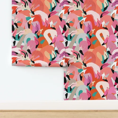 Miniatura 4 de Spoonflower Despegar y pegar muestra de papel tapiz - Naranja Rosa Grande Flamenco Pájaro Plumas Tropical Florida Coastal Collage Ilustración Casa