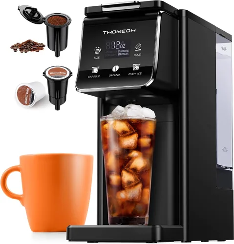 Cafetera para café caliente y helado con configuración fuerte, cafetera de una sola porción para cápsulas K-Cup y café molido, tanque de agua Negro